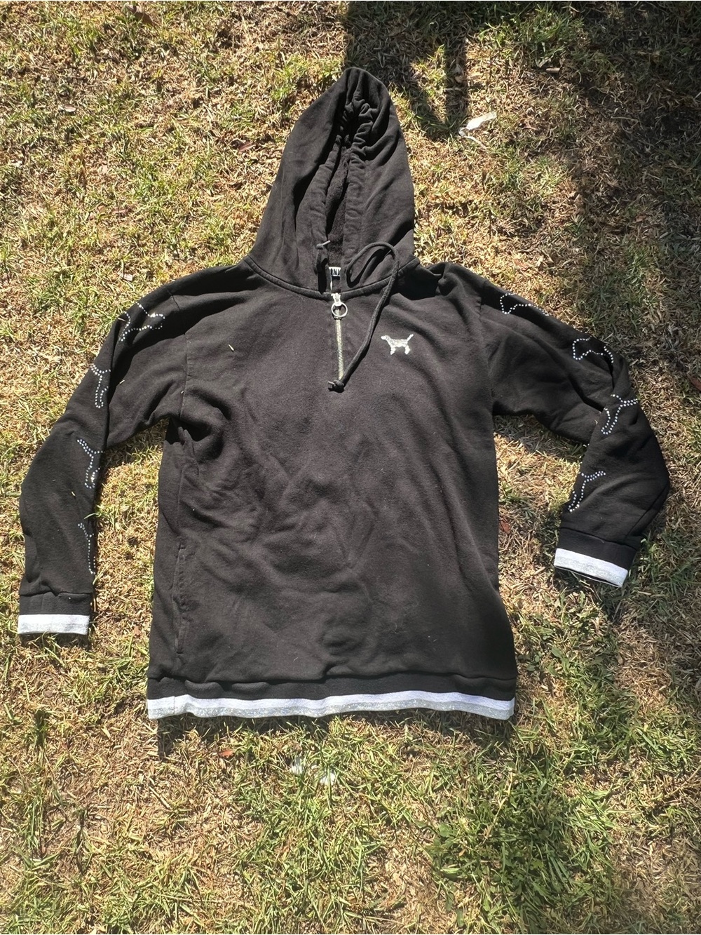 PINK Victoria's Secret Black Half-Zip Hooded Sweater with Silver Trim